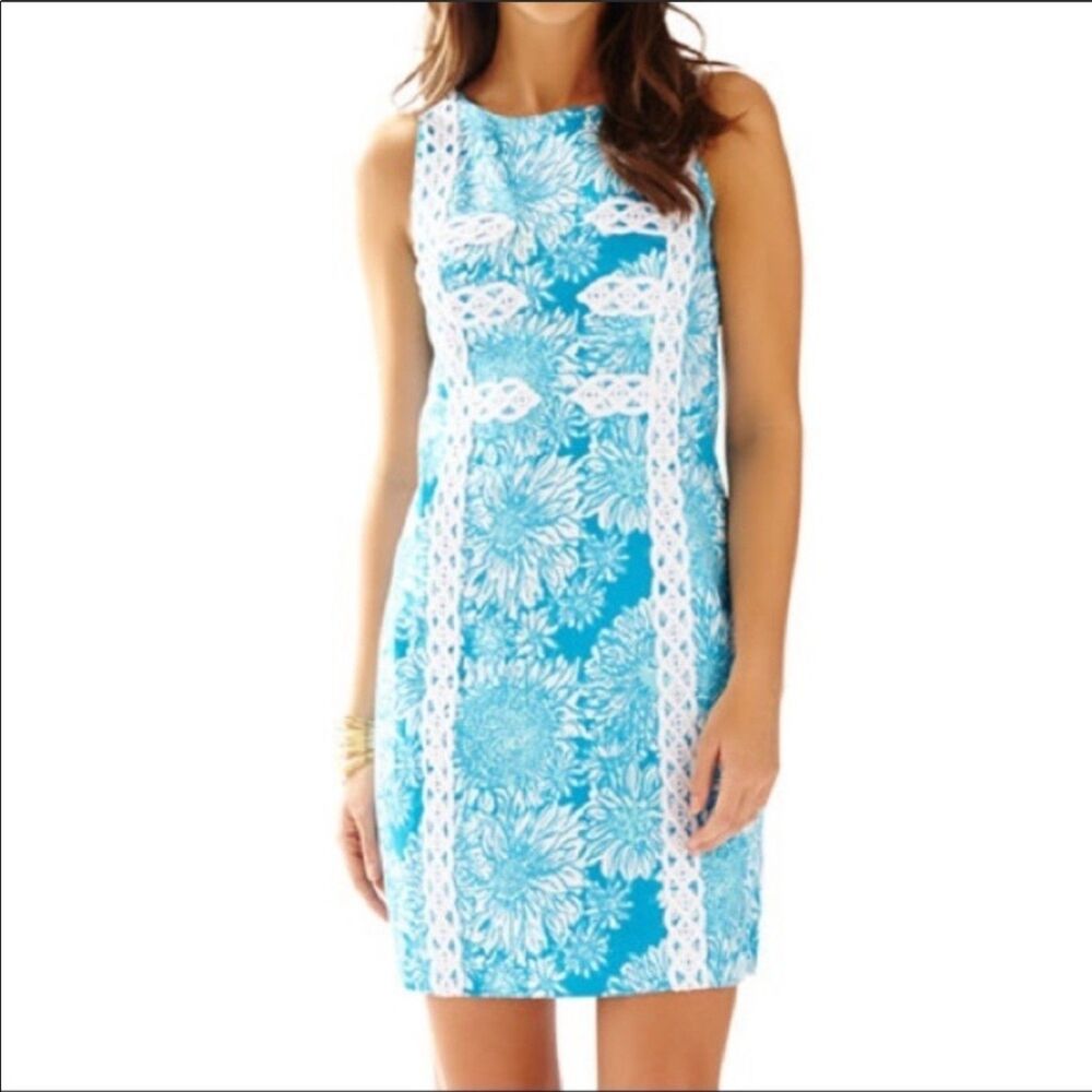 Lilly Pulitzer Mirabelle Shift Dress Lion in the Sun Blue Floral White Trim Sz 2